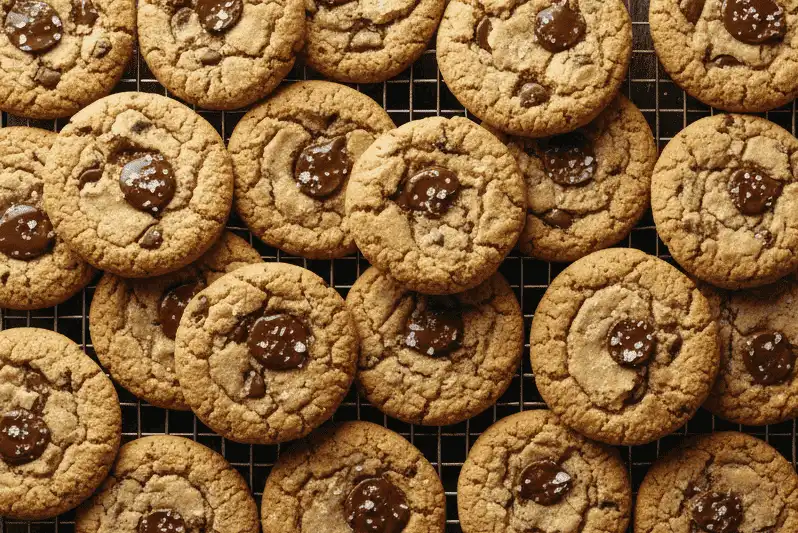 Overhead flat-lay of golden brown chocolate chip cookies on a wire rack with chocolate pools and sea salt flakes
