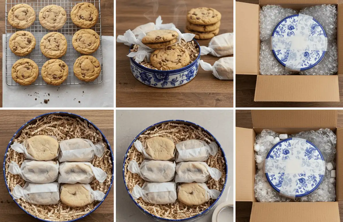 Overhead view of the five stages of packing cookies securely for postal mail
