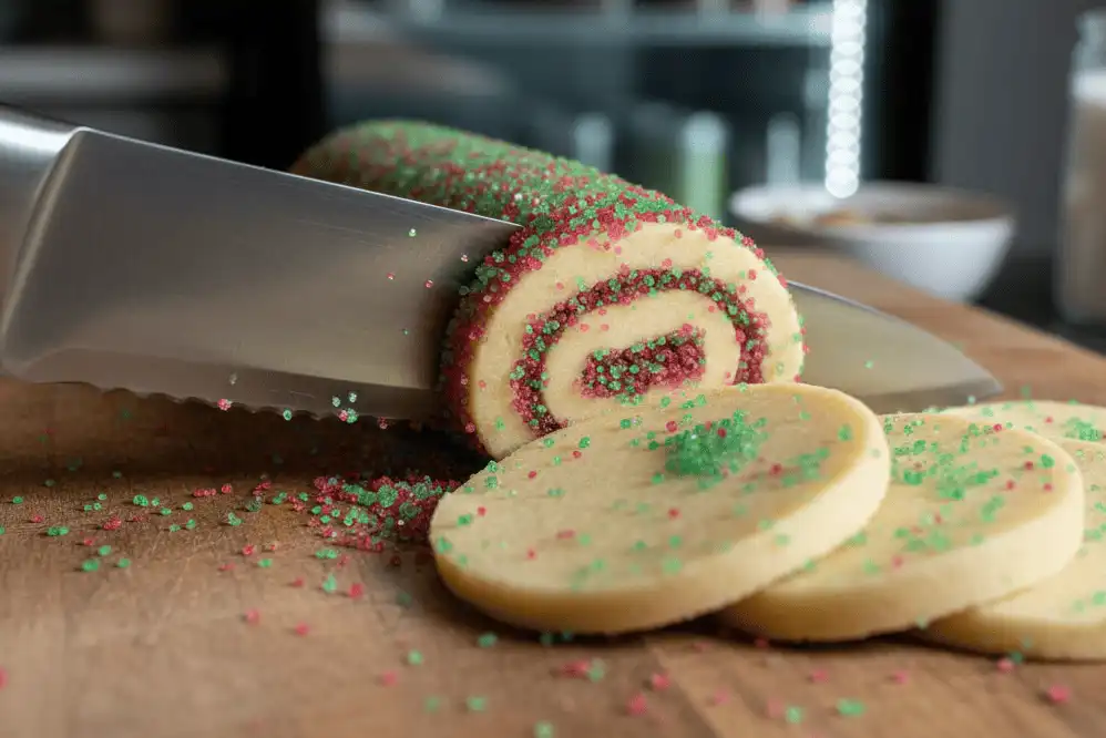 Pillsbury dough roll coated in sparkling green and red sugar crystals being sliced with a chef's knife