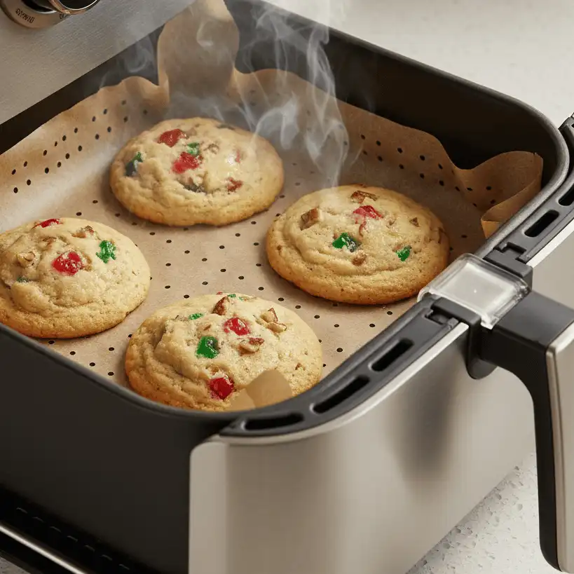 Pillsbury holiday cookies baking inside a modern countertop air fryer basket on parchment