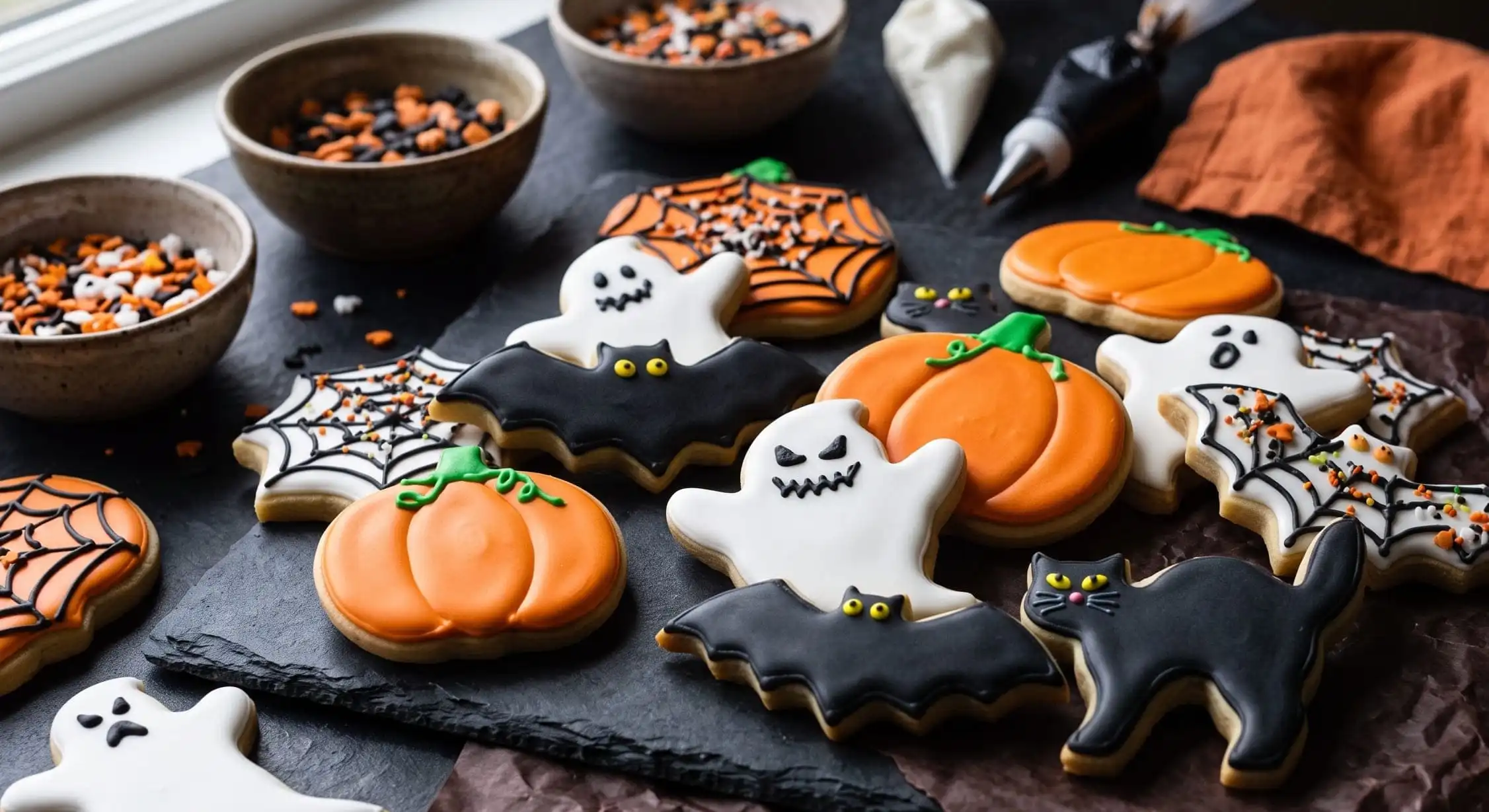 Platter of decorated Halloween cookies featuring ghosts, bats, pumpkins, and witch hats