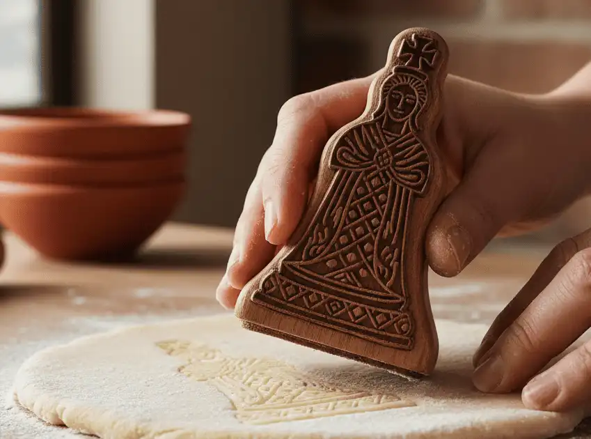 Pressing carved chess-piece stamps into the dusted shortbread surface before chilling