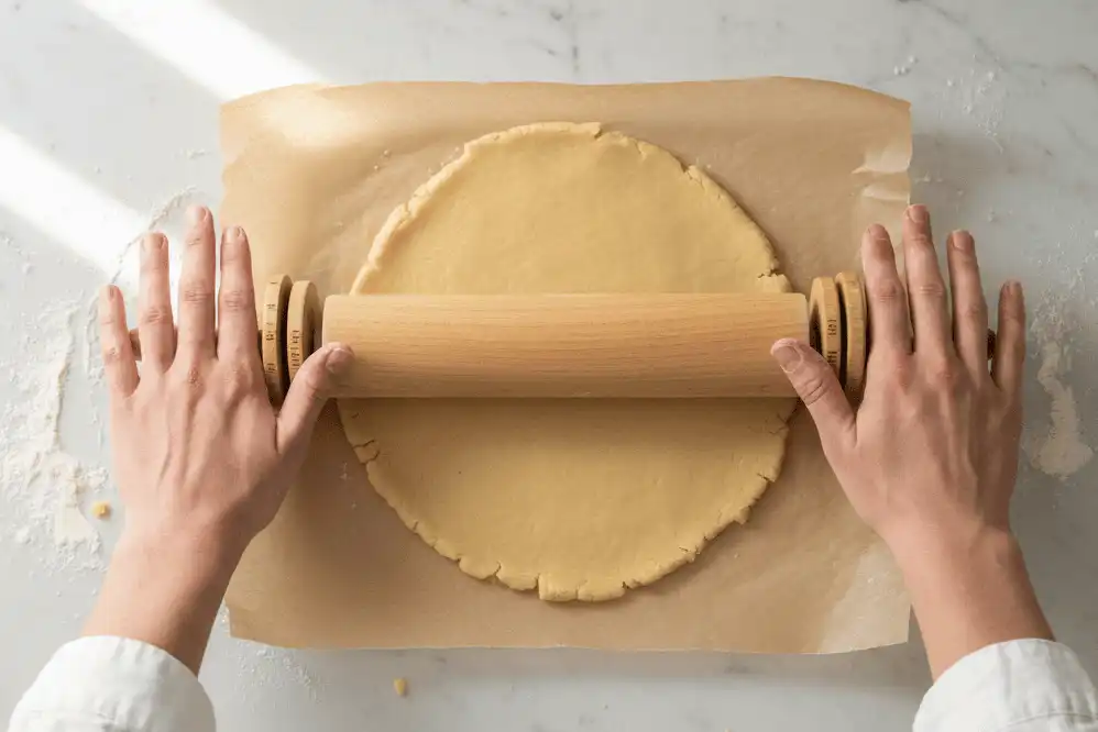 Rolling out the chilled shortbread dough between parchment sheets to an exact 14-inch thickness