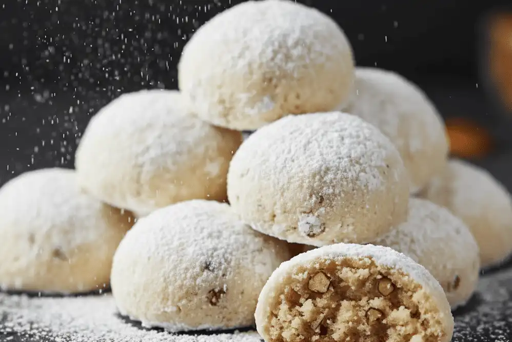 Round buttery pecan snowball cookies dusted generously in white powdered sugar