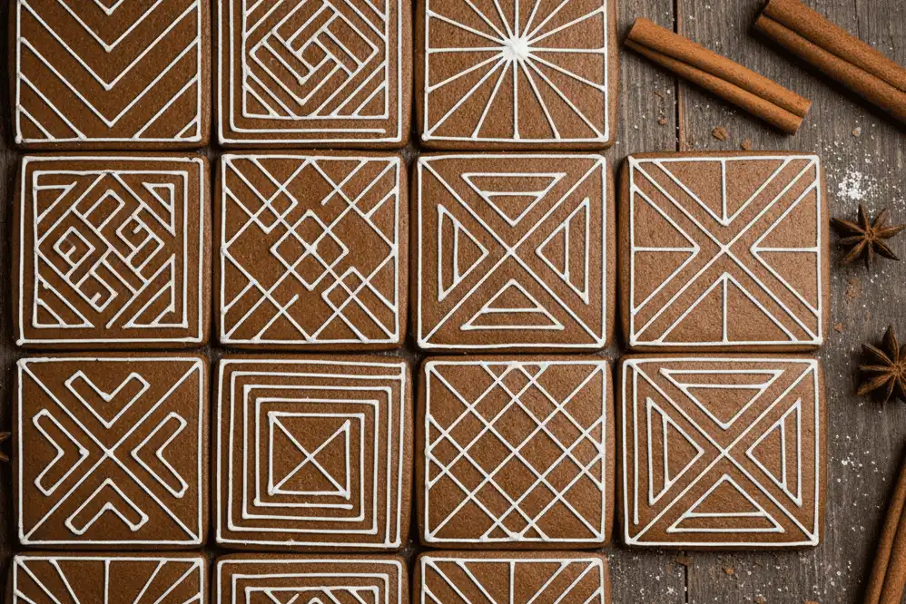 Square embossed gingerbread tiles decorated with intricate white royal icing line art
