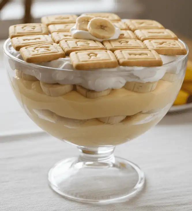 Step-by-step assembly of a Chessman-topped banana pudding in a glass trifle dish