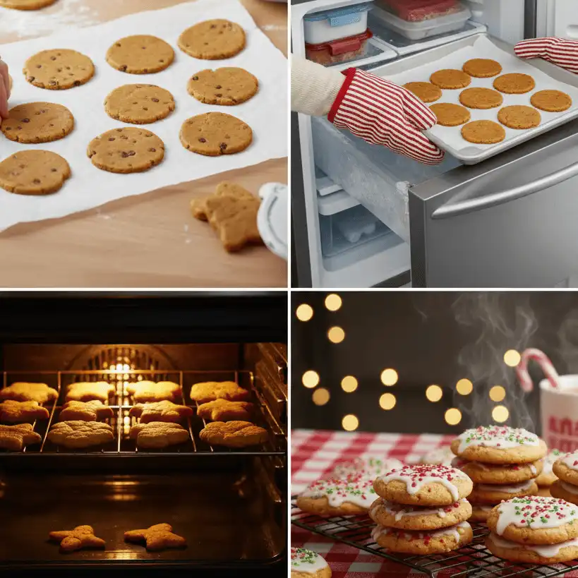 Step-by-step collage demonstrating spacing, chilling, baking, and cooling on a wire rack