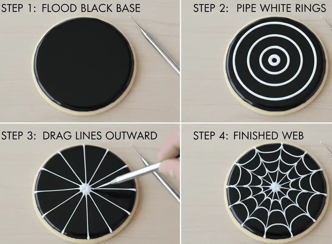 Step-by-step visual of wet-on-wet spiderweb cookie drag lines with a scribe tool