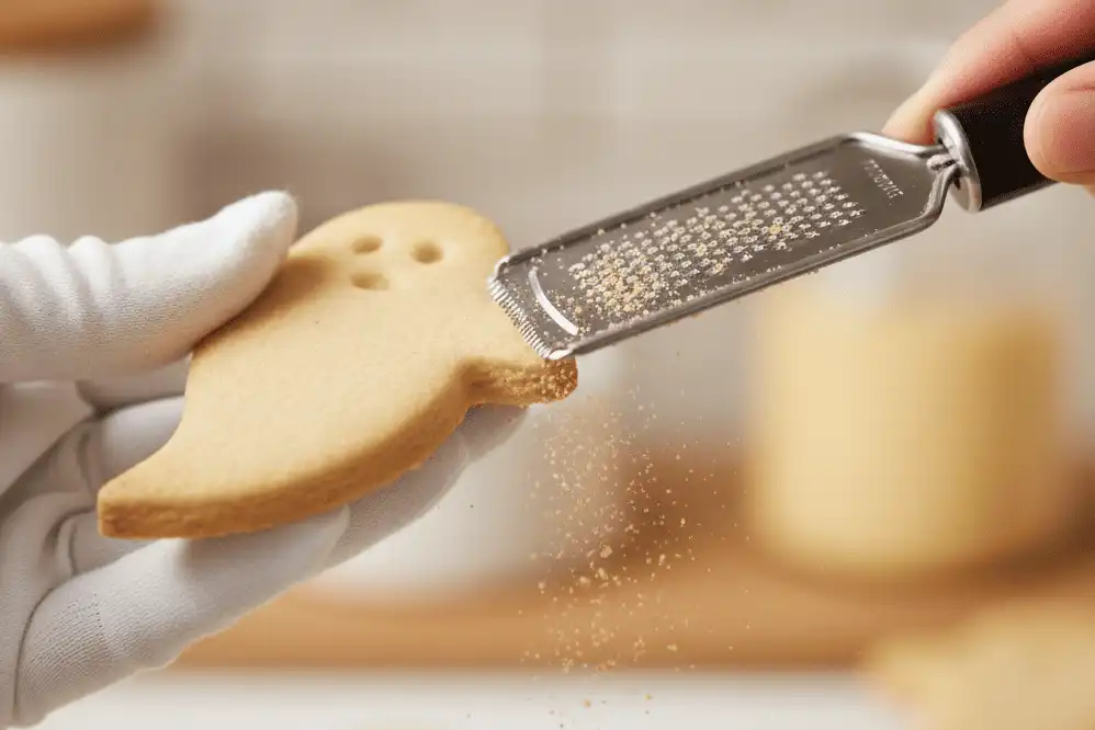 Using a microplane to smooth the edge of a baked sugar cookie