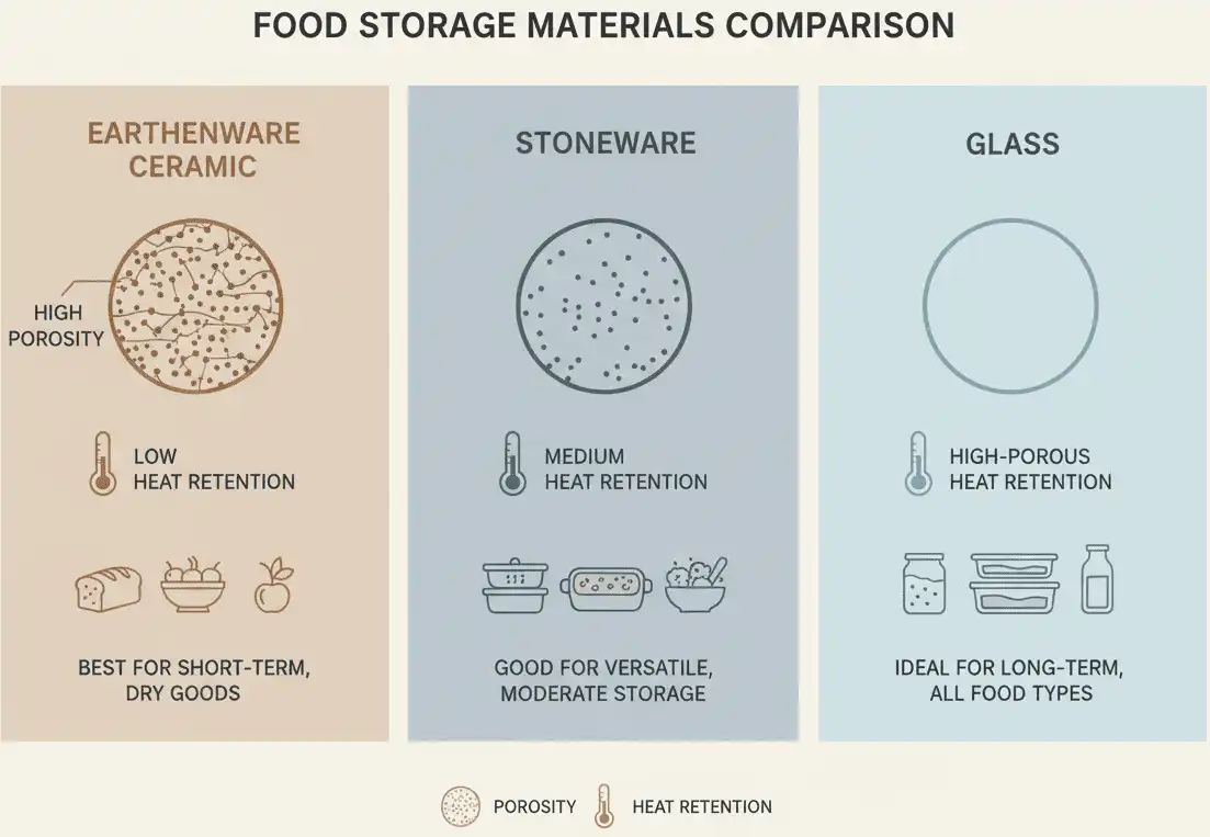 Visual comparison of earthenware vs stoneware vs glass porosity and thermal retention