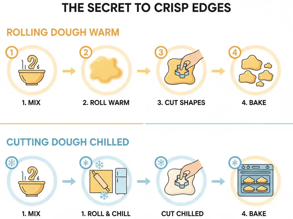 Visual timeline of rolling dough warm vs. cutting dough chilled for crisp edges