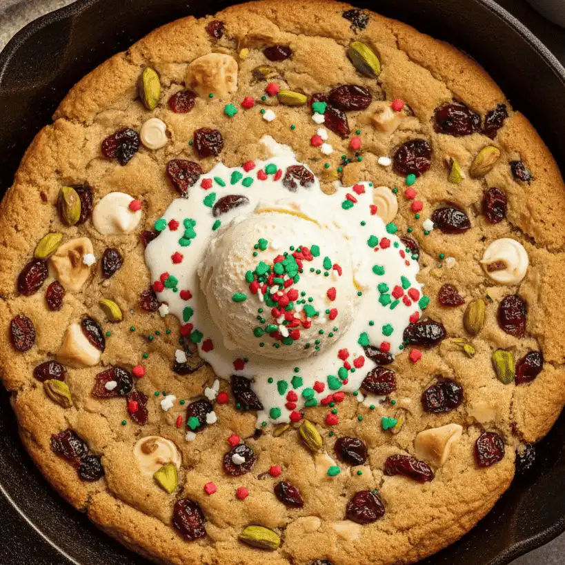 Warm holiday skillet cookie topped with vanilla ice cream and festive sprinkles inside a cast iron pan
