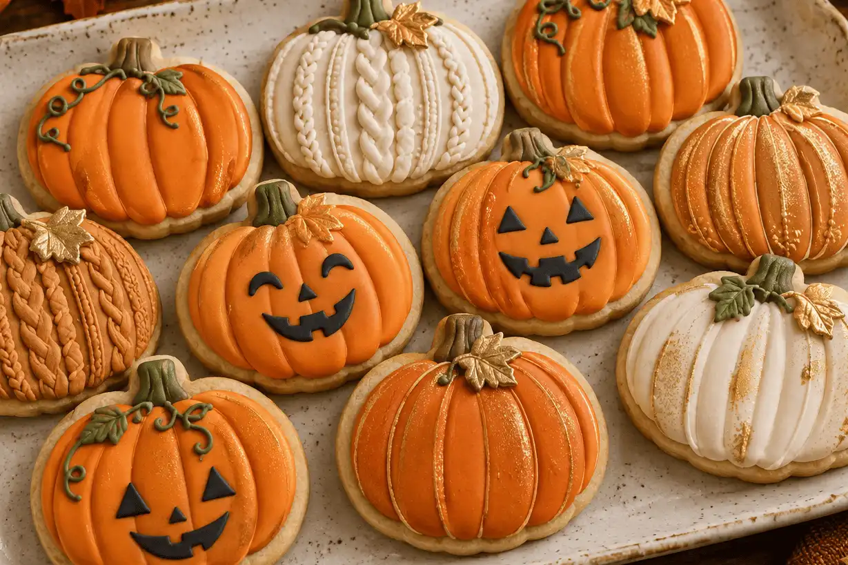 assortment-of-decorated-pumpkin-cookies-on-a-ceramic-tray