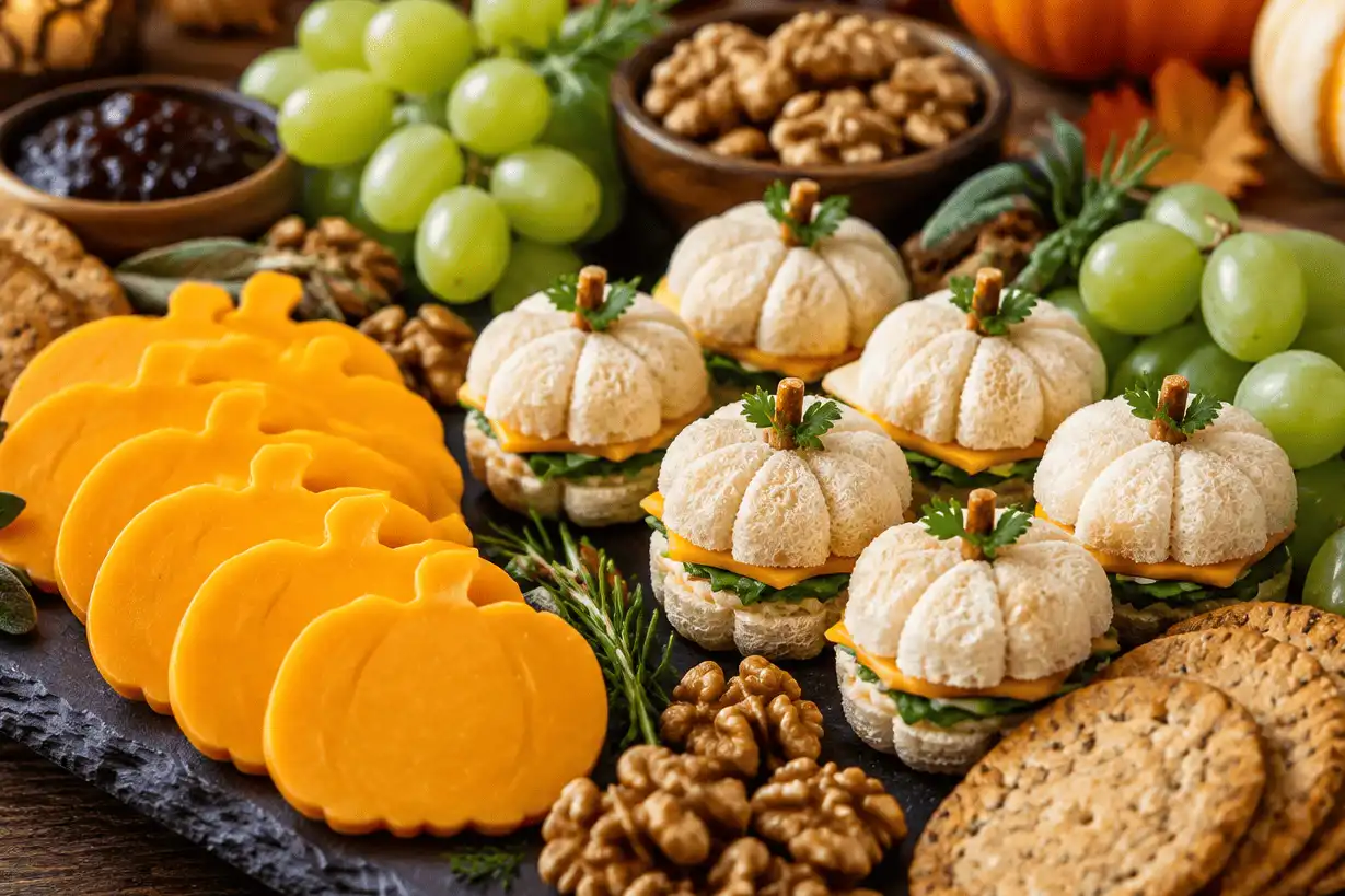autumn-charcuterie-board-with-pumpkin-shaped-cheese-and-sandwiches