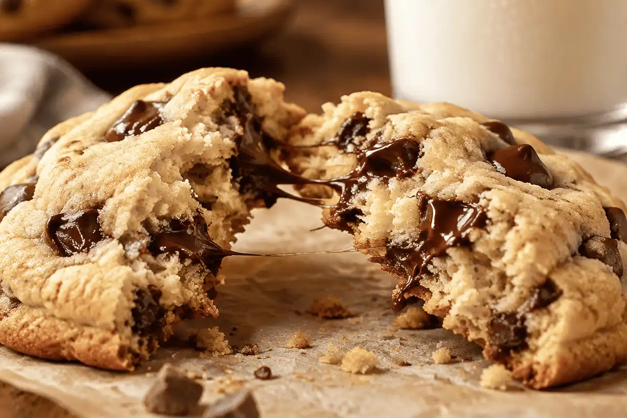 broken-chocolate-chip-cookie-with-melted-chocolate-and-milk