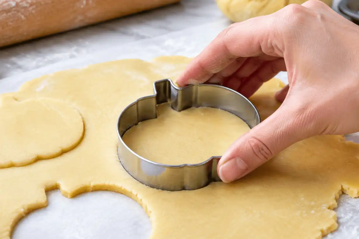 close-up-of-cutting-rolled-sugar-cookie-dough-with-a-pumpkin-cookie-cutter