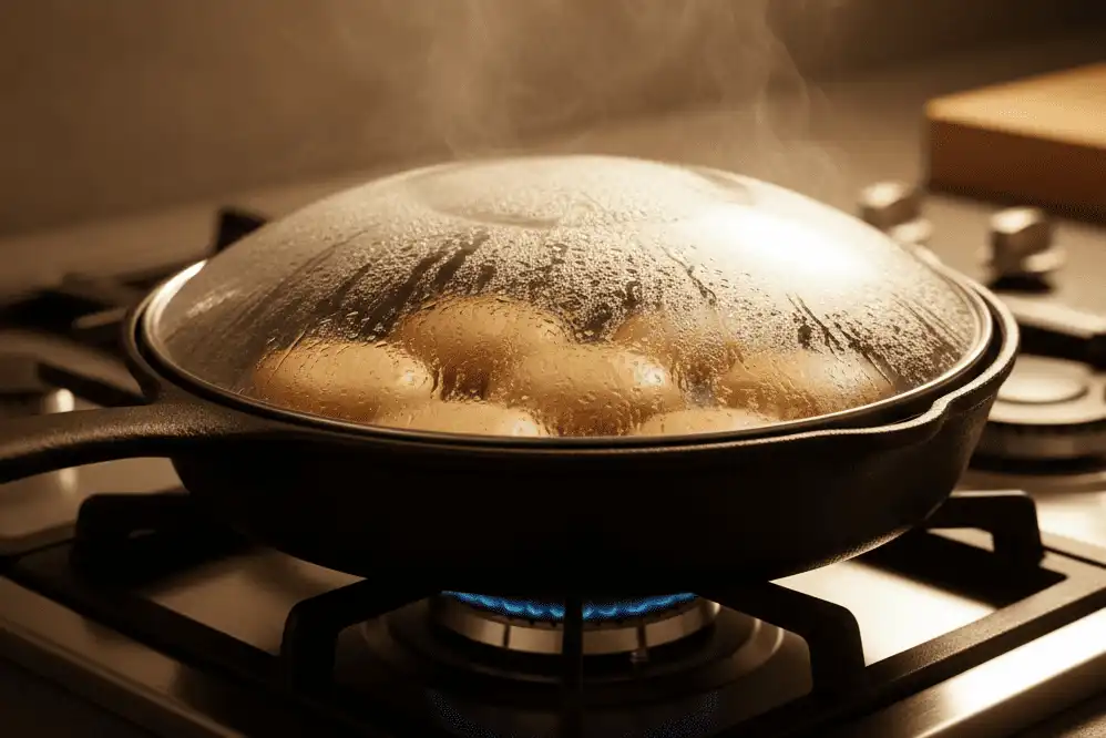 covered-cast-iron-skillet-with-steam-and-a-gentle-blue-flame