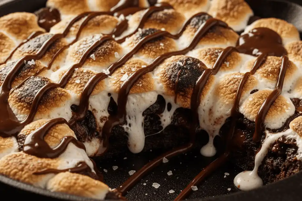 double-chocolate-skillet-cookie-with-toasted-marshmallows