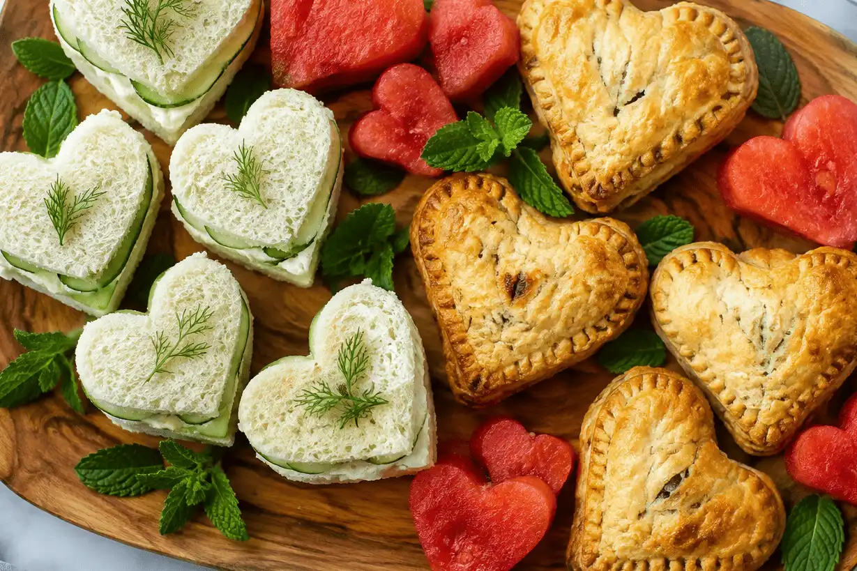 heart-shaped-savory-sandwiches-pastries-and-fruit