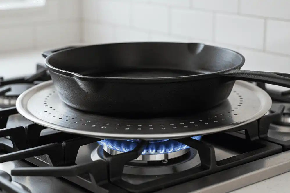 heat-diffuser-under-a-cast-iron-skillet-on-a-gas-burner