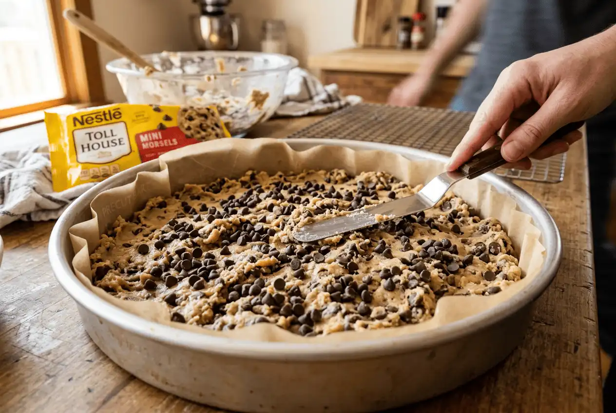 pressing-chocolate-chip-cookie-dough-into-a-round-pan